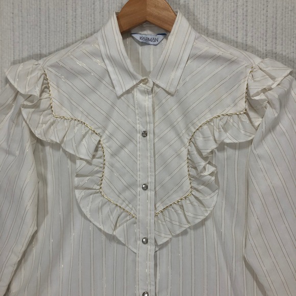 Karman Tops - KARMAN White Gold Striped Ruffle Blouse Long Sleeve Button Up Shirt Size 15 16‎